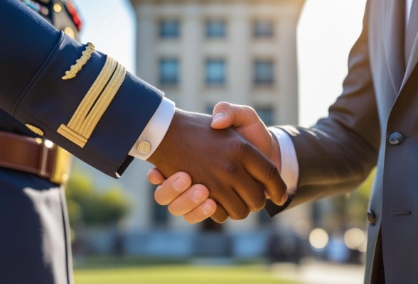 Marine shaking hands with businessman